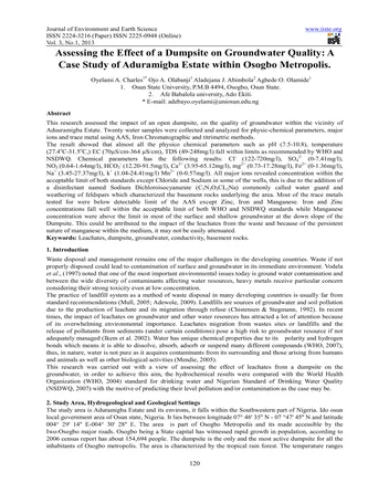 Más sobre Evaluación del Efecto de un Vertedero en la Calidad del Agua Subterránea: Estudio de Caso de la Urbanización Aduramigba